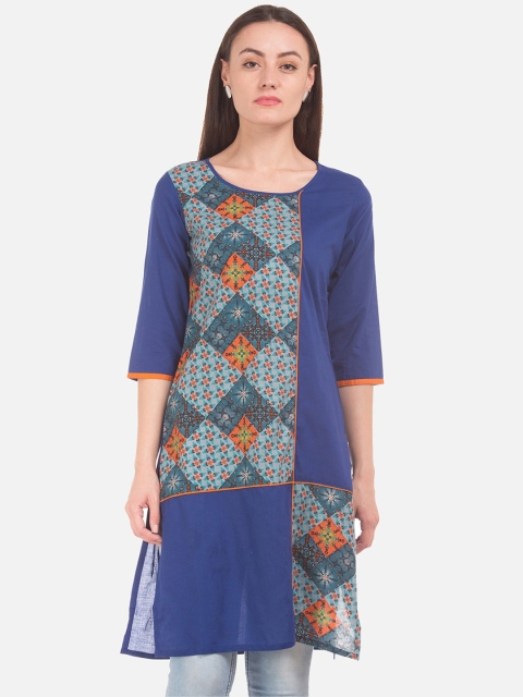 

Karigari Women Blue & Orange Printed Straight Kurta