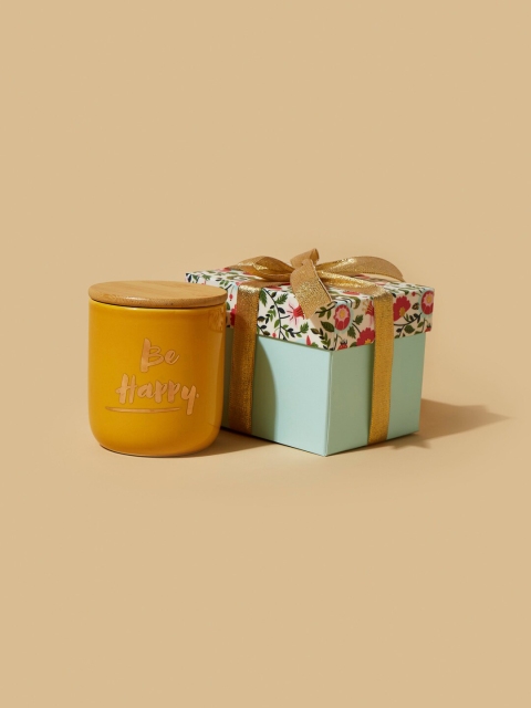 

Chumbak Mustard Yellow & Gold-Toned Printed Storage Jar With Lid
