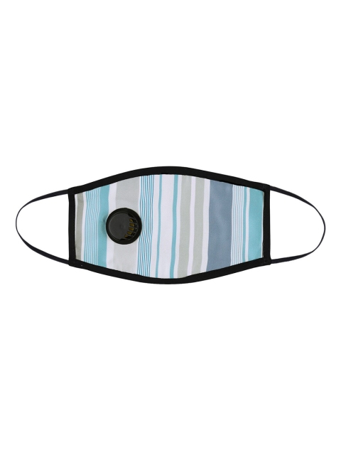 

India Circus by Krsnaa Mehta Unisex Teal Blue & White Lined Atropy Striped 1-Ply Protective Outdoor Face Mask with Breathing Valve