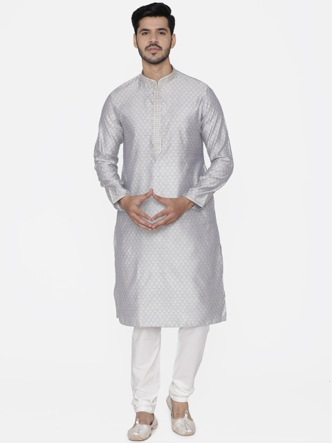 

Manyavar Men Grey & White Embroidered Kurta with Churidar