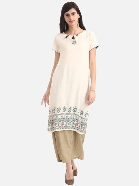 

Karigari Women Off-White & Blue Printed Straight Kurta