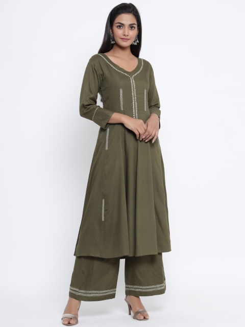 

WomenMagic Women Olive Green Solid Kurta with Palazzos