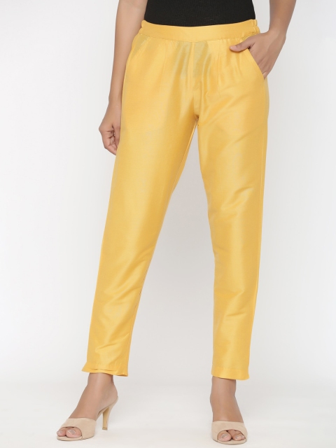 

RANGMAYEE Women Yellow Slim Fit Solid Cigarette Trousers