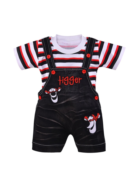 

Wish Karo Unisex Kids Red & Black Striped T-shirt with Dungarees