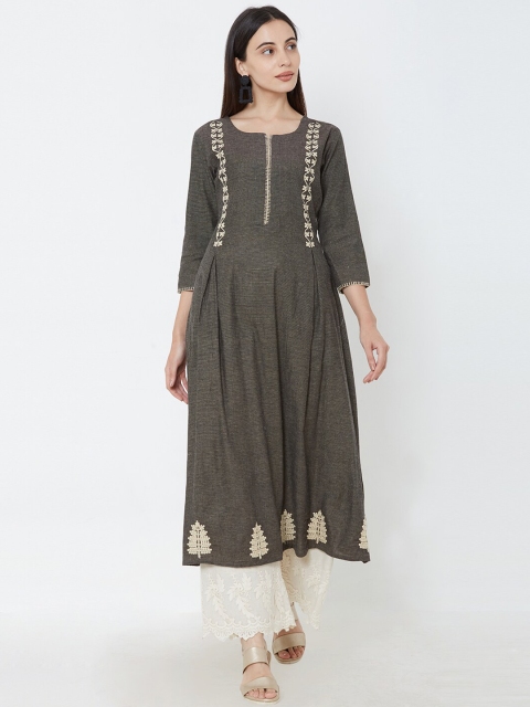 

FASHOR Women Charcoal Grey & Off-White Embroidered Anarkali Kurta
