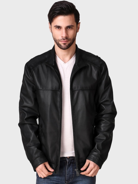

echt Men Black Solid Leather Biker Jacket