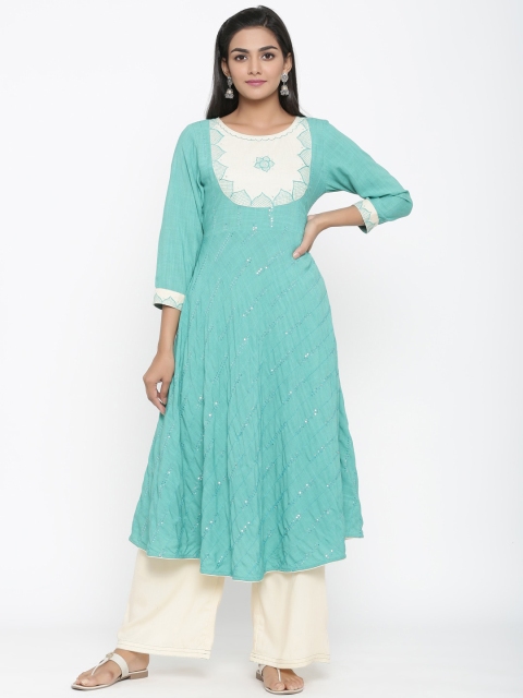 

WomenMagic Women Teal Blue & Off-White Self Design Kurta with Palazzos