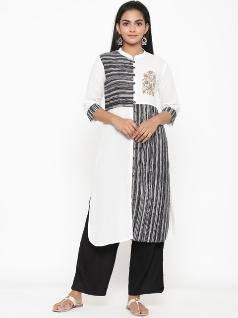 

RANGMAYEE Women White & Black Striped Kurta with Palazzos