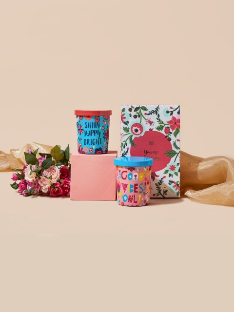 

Chumbak Set Of 2 Pink & Blue Printed Jar Candles LIT Evenings Gift Boxes