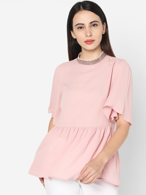 Deal Jeans Women Pink Solid Cinched Waist Top