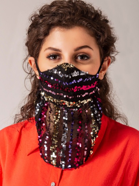 

DIVA WALK EXCLUSIVE Women Black 2-Ply Hand Embroidered HIjab Protective Face Mask, Multi