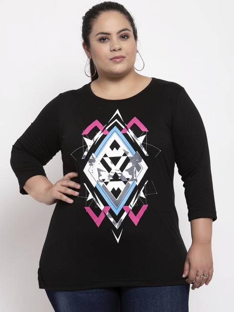 

plusS Women Black Printed Pure Cotton Top