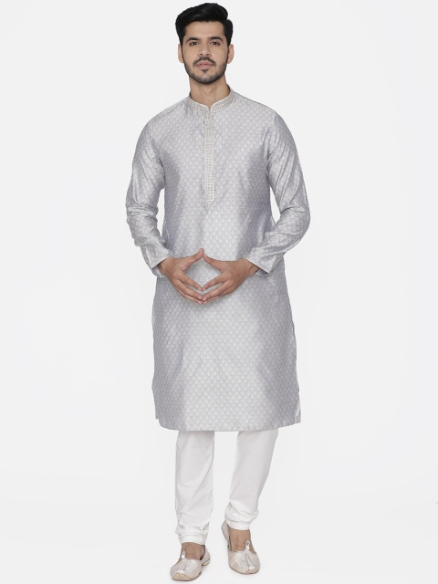 

Manyavar Men Grey & White Woven Design Kurta with Churidar