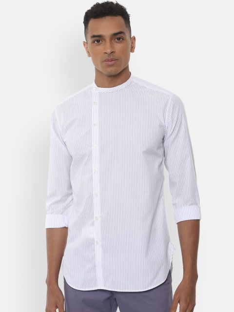 

V Dot Men White Classic Slim Fit Striped Casual Shirt