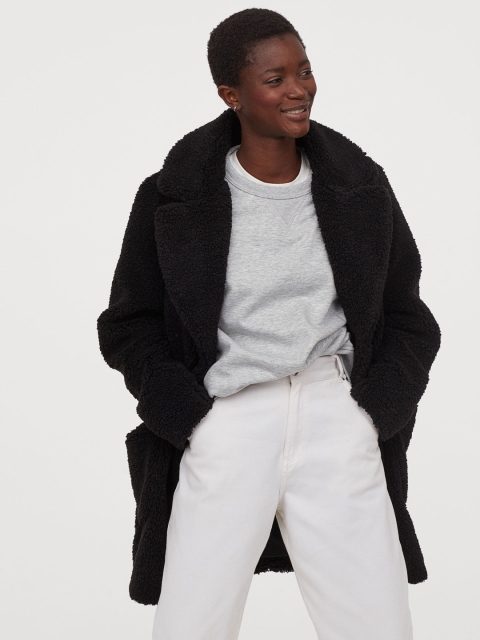 

H&M Women Black Short Faux Shearling Coat
