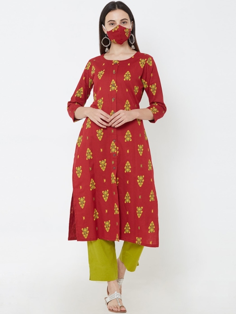 

FASHOR Women Maroon Green Ikkat Printed Straight Kurta