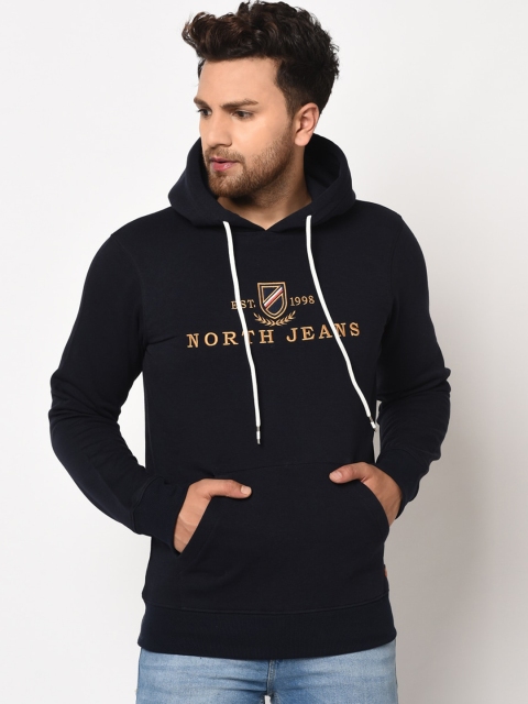 

98 Degree North Men Navy Blue Embroidered Hooded Sweatshirt