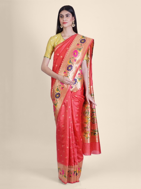 

Hastakala Red & Gold-Toned Silk Blend Handloom Printed Banarasi Saree