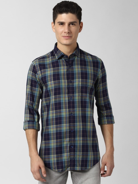 

Peter England Elite Men Navy Blue & Fluorescent Green Regular Fit Checked Casual Shirt