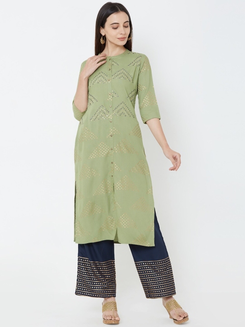 

FASHOR Women Green & Navy Blue Self Design Kurta with Palazzos