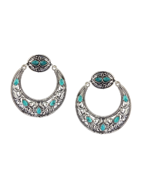 

DESI COLOUR Green & Silver-Toned Oxidised Geometric Drop Earrings