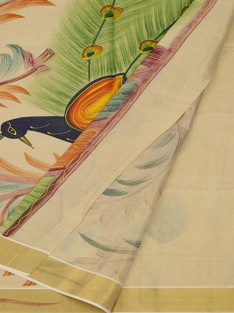 

Pothys Cream-Coloured & Gold-Toned Pure Cotton Printed Saree