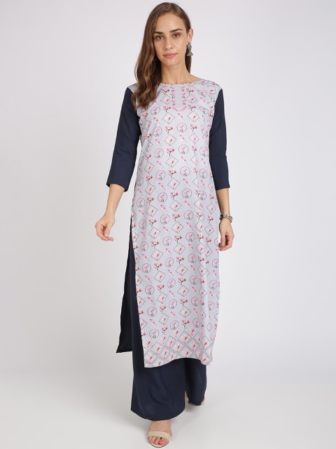 Florence Women Grey & Navy Blue Printed Kurta with Palazzos
