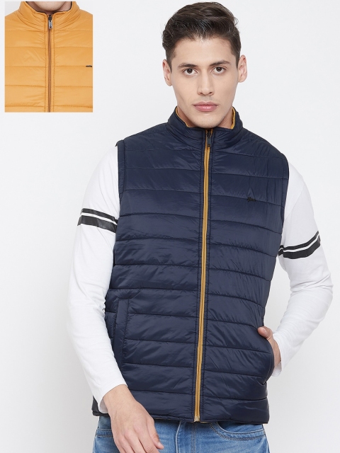 

Okane Men Mustard Yellow & Blue Solid Reversible Padded Jacket