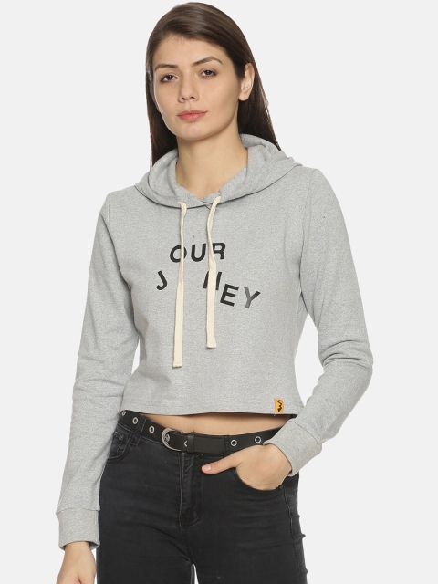 Campus Sutra Women Grey Printed Hooded Sweatshirt