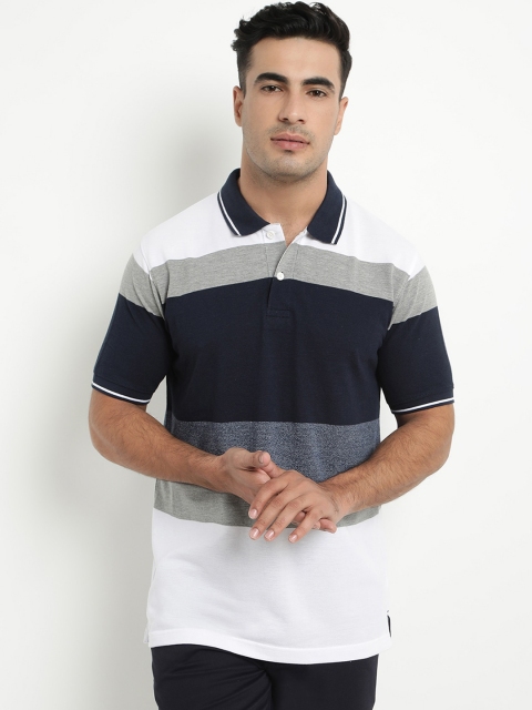 

COBB Men White & Navy Blue Striped Polo Collar T-shirt