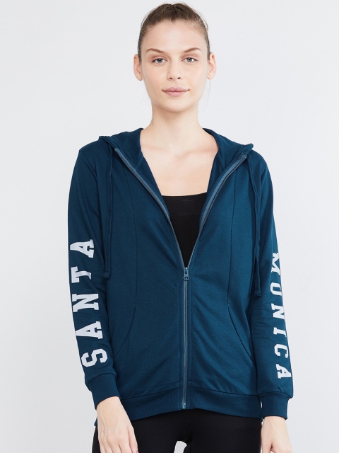 

max Women Navy Blue Printed Hooded Sweatshirt
