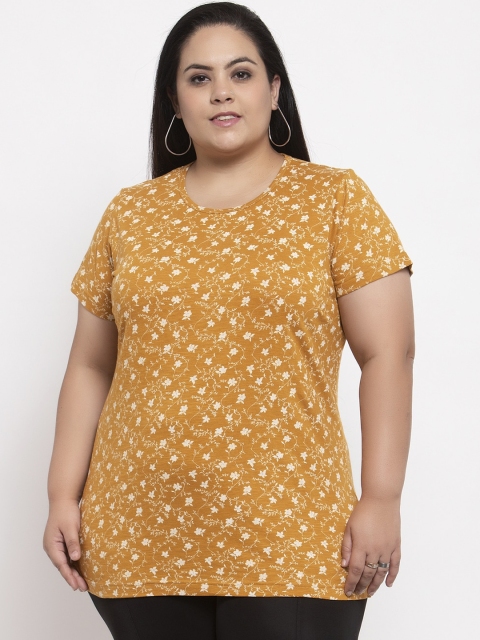 

plusS Women Mustard Yellow & Off-White Floral Printed Round Neck T-Shirt