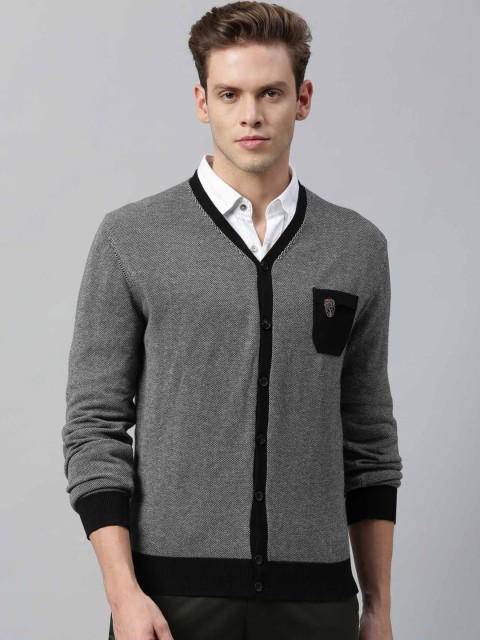 

RARE RABBIT Men Black Colourblocked Front-Open Sweater