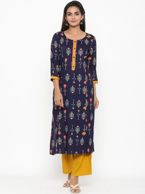 

RANGMAYEE Women Navy Blue & Yellow Printed Kurta with Palazzos