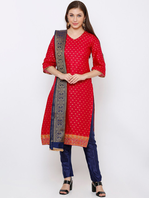 

SALWAR STUDIO Red & Navy Blue Pure Cotton Unstitched Dress Material