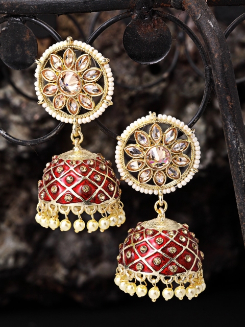

Melani Borsa Maroon & Gold-Toned Dome Shaped Jhumkas