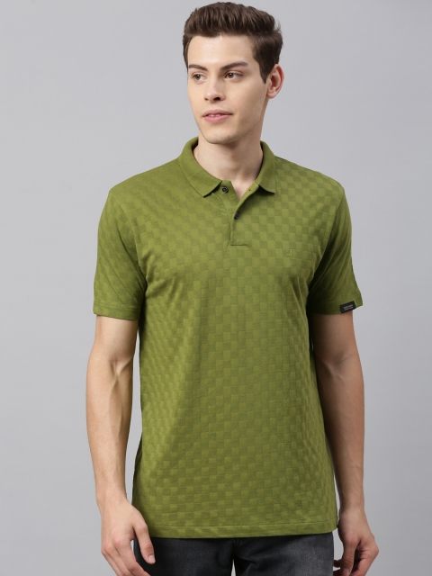 

RARE RABBIT Men Olive Green Self Design Polo Collar T-shirt