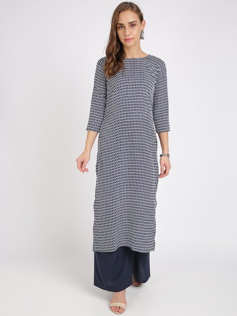 

Florence Women Navy Blue & White Checked Straight Kurta