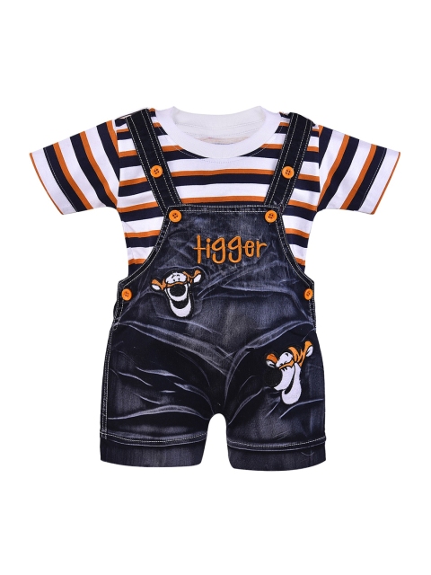

Wish Karo Kids White & Navy Blue Denim Dungarees with Tshirt