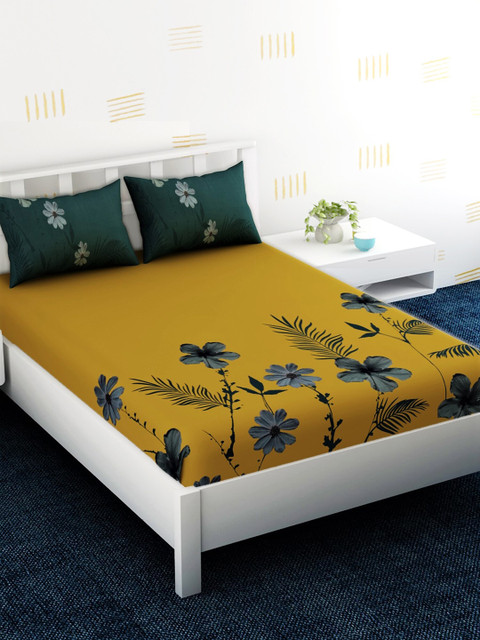 

EverHOME Yellow & Navy Blue Floral 180 TC Cotton 1 Super King Bedsheet with 2 Pillow Covers