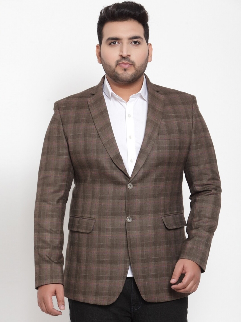 

plusS Men Brown Checked Regular Fit Single-Breasted Blazer