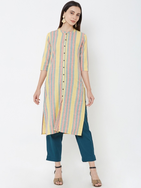 

FASHOR Women Yellow & Orange Striped Straight Kurta