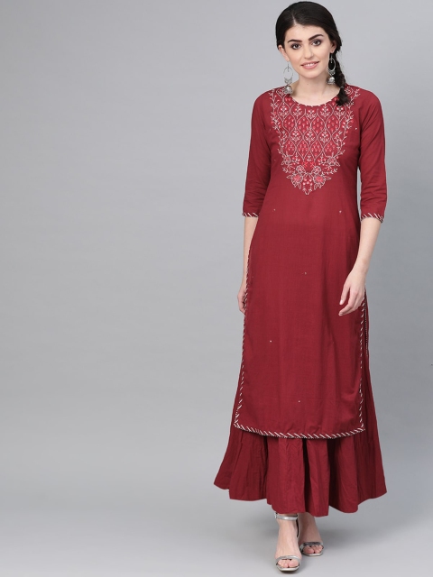 

Ishin Women Maroon & Off-White Yoke Design Straight Kurta
