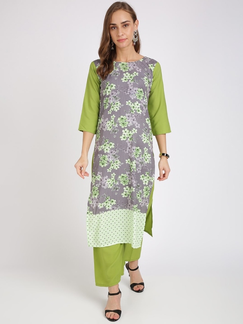 

Florence Women Green & Grey Floral Printed Straight Kurta