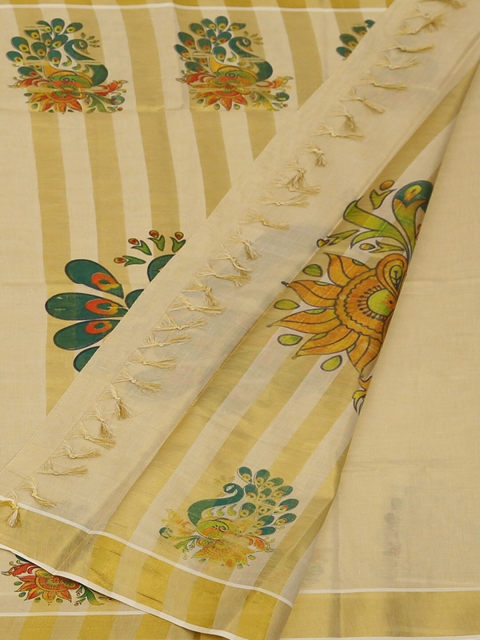 

Pothys Cream-Coloured & Gold-Toned Pure Cotton Printed Saree
