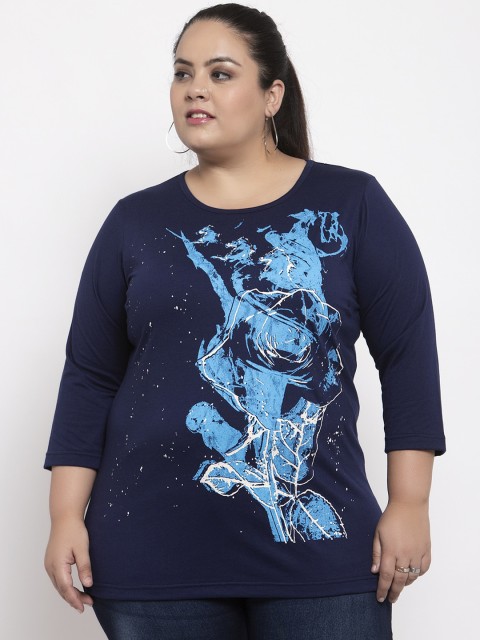 

plusS Women Navy Blue & White Printed Pure Cotton Top