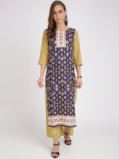 

Florence Women Navy Blue & Khaki Printed Kurta with Palazzos