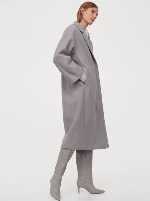 

H&M Women Grey Solid Calf-Length Coat