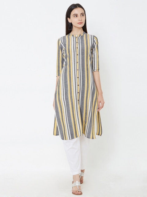 

FASHOR Women Grey & Yellow Striped Straight Kurta