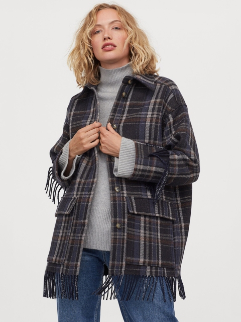 

H&M Women Black Checked Fringed Shacket